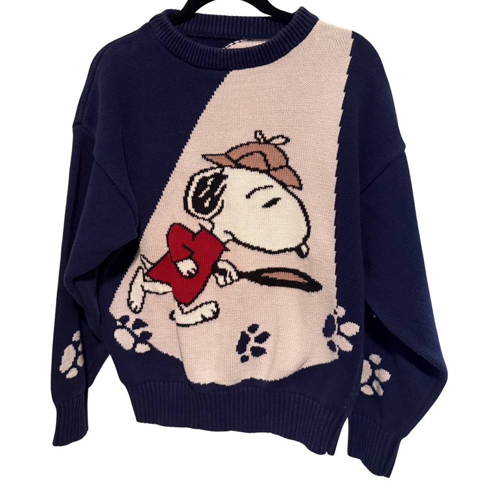 Vintage 80s Peanuts Snoopy Woodstock Mystery Detective Knit Sweater Women Medium